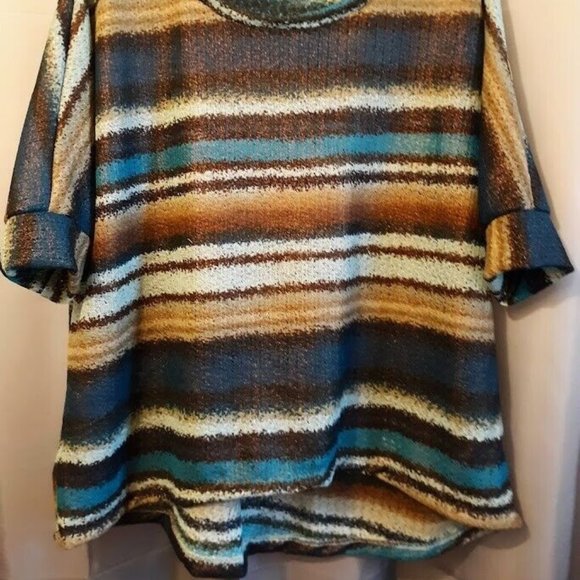 Copper Sheen T-shirt Top Plus 1X Blue Brown Teal Dolman Scoop neck hi-lo blouse - Picture 4 of 9